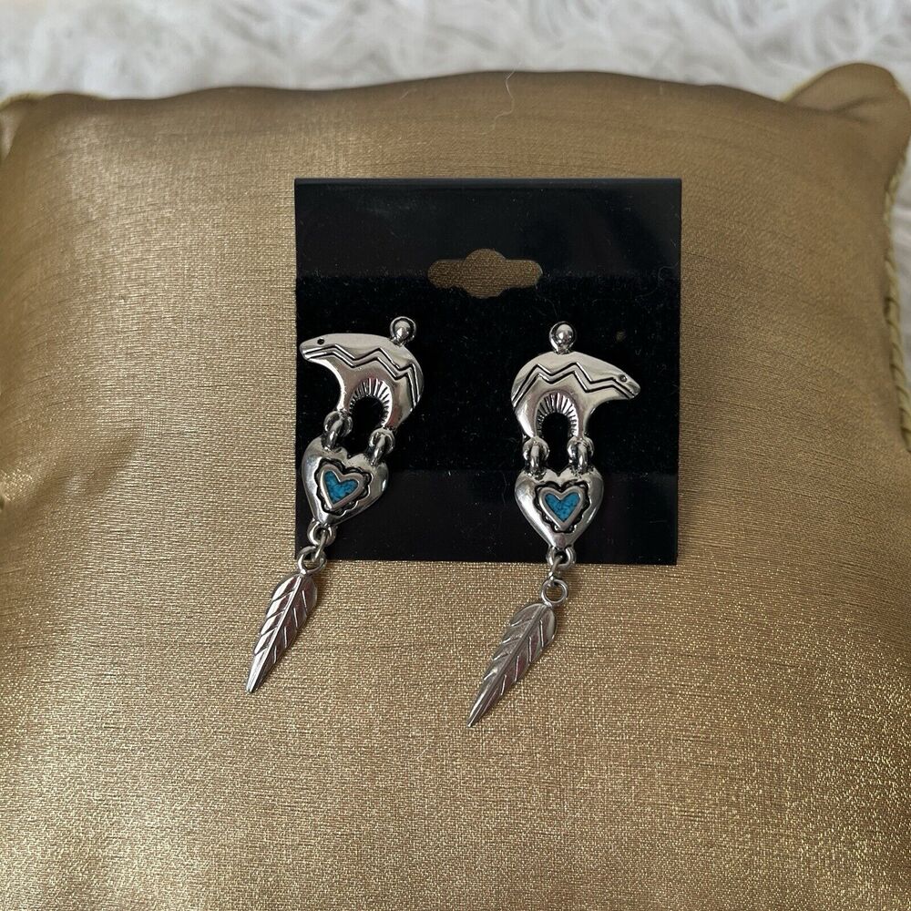 Silver tone earrings Bears on hearts and crushed turquoise with feather dangling